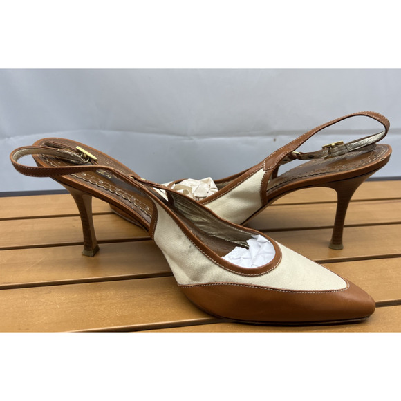 Brooks Brothers Canvas and Leather Woman Size 10 Made In Italy Sling back Heels - Picture 7 of 11